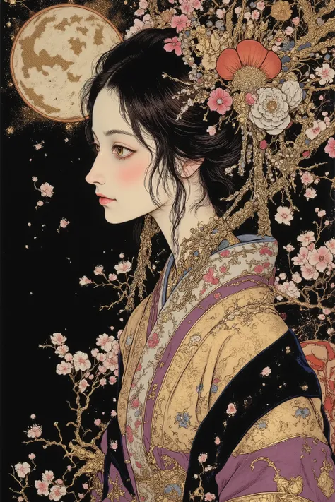 ((cherry blossom blizzard,beautiful cherry blossom)),(beautiful goddess),1 girl,fashion portrait,(off shoulder:1.3),facing to the left, showing the right side of her face,nape of the neck,back of the neck,sway,beautiful face,turime,oiran,geisha,kimono,hair...