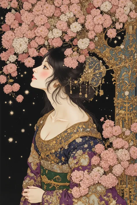 ((cherry blossom blizzard,beautiful cherry blossom)),(beautiful goddess),1 girl,fashion portrait,side view ,back shot,(off shoulder:1.3),nape of the neck,back of the neck,sway,beautiful face,turime,oiran,geisha,kimono,hair ornament,beautiful neck,plump lip...