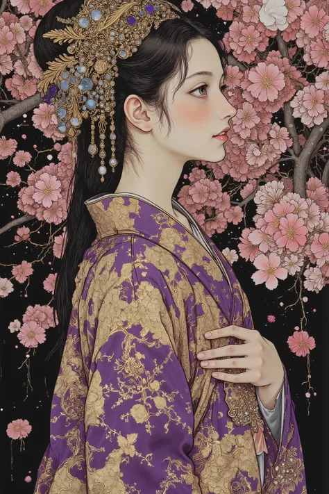 ((cherry blossom blizzard,beautiful cherry blossom)),(beautiful goddess),1 girl,fashion portrait,side view ,back shot,(off shoulder:1.3),nape of the neck,back of the neck,sway,beautiful face,turime,oiran,geisha,kimono,hair ornament,beautiful neck,plump lip...
