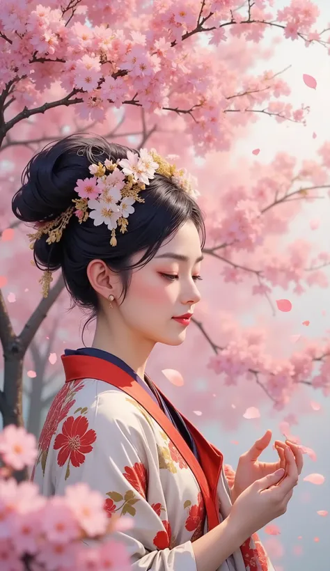 A geisha admires cherry blossoms in the garden, smiling, raising her head in delight, petals falling on her face, surrounded by branches of cherry blossoms, a cloud of flying petals, traditional oriental painting style, intricate headdress with flowers, sp...