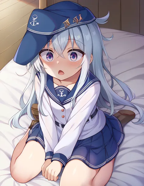 、Penis shadow is in front、ring（Kantai Collection）、The shadow of a big penis、look up at penis shadow、An advantageous position over here、girl sitting、Sit on the corner of the bed、Pick up a skirt、Gray Hair、 Silver Hair、long hair、腰まである Silver Hair、blue-gray ey...