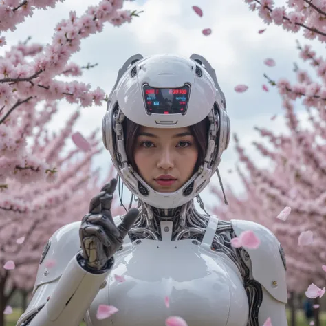 Masterpiece sci-fi photo, photorealistic portrait of a futuristic robotic asian female head or helmet. It is predominantly white and metallic, with intricate mechanical details. A large, reflective visor covers the eyes, displaying various digital interfac...