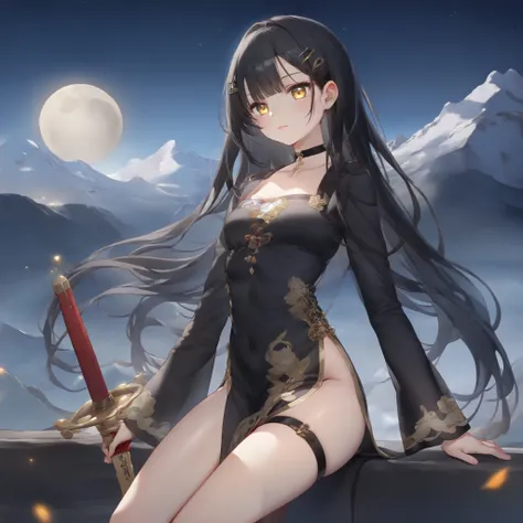 ((최고의 품질)), ((걸작)), (상세한), 완벽한 얼굴, SOLO, ((1 girl)), ANIME, beautiful detailed eyes, ((long straight hair)), Long hair that reaches down to the waist, LONG Hair fluttering, black hair, yellow EYES, BARE thighs, (((BARE LEG))), small breasts, Choker, expres...