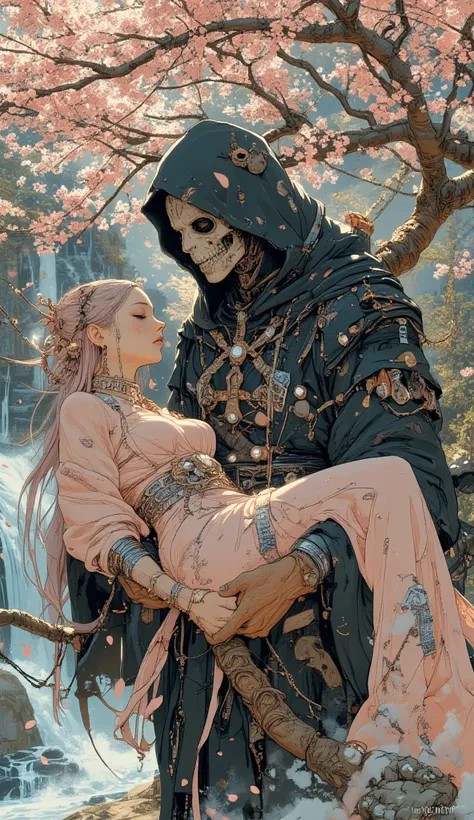 a man ((death god)) and a woman ((sakura goddess)) // 1 man ((white skull mask, black torn robe, black hood, warm skin tone, slim body, muscular chest, toned muscle, sharp nails, torn robe)) // 1 woman ((perfect body, large shaggy breasts, pale skin, goddess of sakura, mini pink glossy kimono, silver and pink jewelry, silver and pink anklet, silver and pink bracelets, silver and pink earrings, silver and pink necklace, silver and pink goddess attire, long straight pink hair, slim waists, beautiful hips)) // the man is carrying the woman with his hands, the woman is sleeping, the man is screaming, screaming skull, inside a cherry blossom forest, under the cherry blossom tree, on heavenly land, white steam smoke, mythical, waterfall, falling petals, pink petals on water, sunlight, dynamic light, view from above, view from front, detailed, intricate, elegant, highly enhanced, dramatic light, sharp focus, illuminated background, divine, scenic, professional, artistic, attractive, dramatic, sadness, gloomy, moody perfect, innocent, balanced colors, best, futuristic, stunning, magical, pure, wonderful, delicate, creative, positive, unique, flowing, color, shiny, 