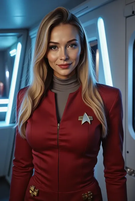 cinematic shot, gorgeous eyes and subtle features are illuminated by soft light, the futuristic glow of the spaceship bridge. A woman stands with confidence in her flawlessly tailored Starfleet suit: The shape of the next generation of uniforms, The deep r...