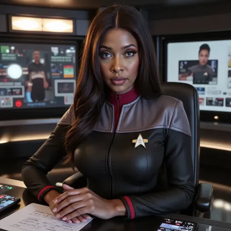 Star Trek, Starfleet commander, glossy black vinyl DS9 uniform with gray shoulders and red collar, Powerful , Female, On the bridge of the USS Enterprise, sitting in the captain's chair