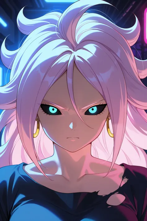 masterpiece, best quality, amazing quality,very aesthetic, absurdres, newest, anime screencap, android 21, detailed portrait, photorealistic, dynamic pose, intricate facial features, expressive eyes, lifelike skin textures, flowing hair, sci-fi machinery, ...