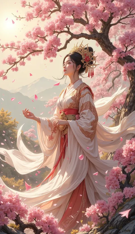 The beautiful goddess of cherry blossoms admires cherry blossoms in the spring garden, smiles, raises her head in delight towards the rays of the morning sun, petals fall on her face, she is surrounded by branches of cherry blossoms, a whirlwind of flying ...