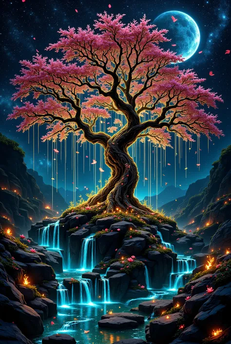 Fantastic Sakura Tree, its golden and black iron branches intertwine intricately, Radiating an unearthly glow. Thousands of sapphire blue leaves fall down in a bright waterfall, each leaf is carefully designed. Crimson and black roses bloom profusely aro...