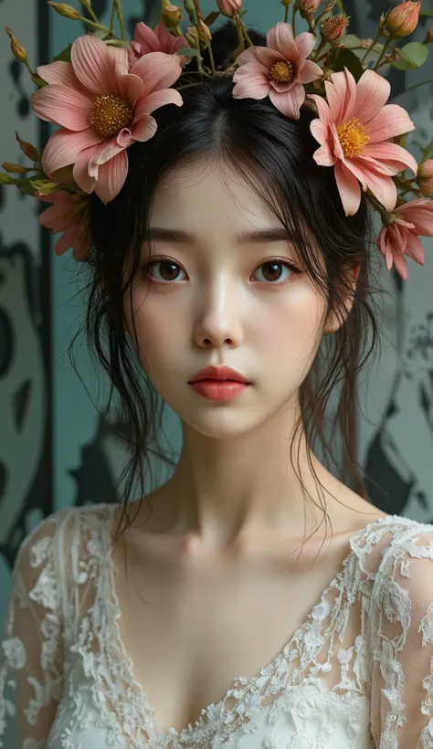 A dreamlike scene,
Dreamy, natural,
korean,
1girl, IUleejieun,

Korean idol star's photo shoot for new album promotion,
studio shoot,
simple and cute taste,
simple background, graffiti,