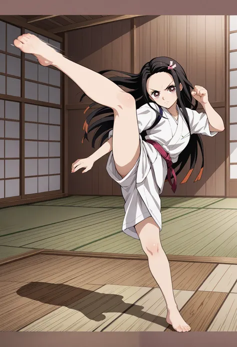 score_9, score_8_up, score_7_up, (Demon Slayer, Kimetsu no yaiba style), (nezuko kamado), (1girl, solo), 20years old, (black long hair, smooth straight hair, asymmetrical parting hair:1.1), forehead, brown eyes, (full body, fighting stance, standing on one...