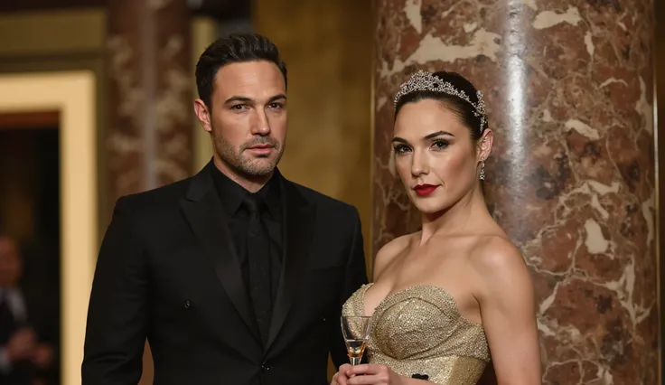  AFFLECK24 in classic suit standing beside gal gadot in a strapless gold lamé gown, tiara sparkling, red lips parted mid-speech. She holds a champagne flute, standing beside a marble column at a black-tie event. Soft golden lighting, art deco backdrop.
