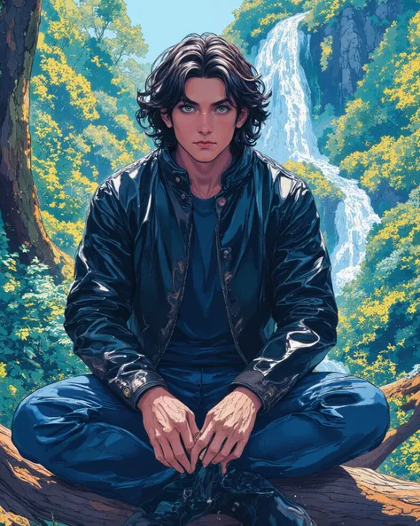 A young man with wavy black hair and a sharp, intense gaze sits on a weathered log in a lush green forest. He wears a black leather jacket over a dark blue shirt and jeans, exuding a cool and mysterious aura. His black boots rest on the ground, , reflectin...