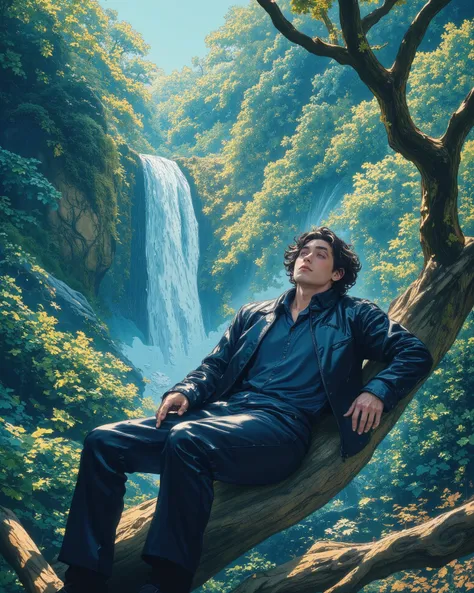 A young man with wavy black hair and sharp facial features reclines on a fallen tree trunk in a lush green forest. He wears a black leather jacket over a dark blue shirt and black pants, exuding a relaxed yet mysterious aura. His head tilts back slightly, ...