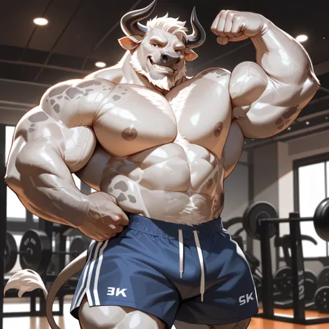 solo, 1boy, (Muscular Old man as a boxer, furry bull, gym, flexing, side chest pose, looking to viewer, wearing shorts, topless), grin, strong, pectoral, huge pectoral, wide pectoral, short white hair, short bearded, simple background, masterpiece, high de...
