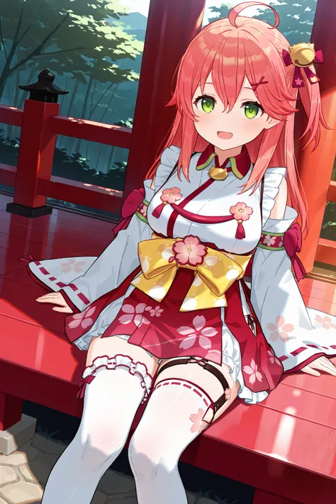 best quality, highres, miko1, sakura_miko,virtualyoutuber 1girl, big_, solo, ahoge, x_hair_ornament, light_red_hair, floral print, hairclip,(side_less_clothes:1.5), hair_bell, floral print, long_hair, hair between eyes, one side up, white thighhighs, asym...