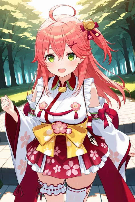 best quality, highres, miko1, sakura_miko,virtualyoutuber 1girl, big_, solo, ahoge, x_hair_ornament, light_red_hair, floral print, hairclip,(side_less_clothes:1.5), hair_bell, floral print, long_hair, hair between eyes, one side up, white thighhighs, asym...