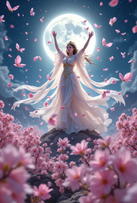 {{A ((majestic and powerful)) depiction of {((a Sakura Goddess standing atop a floating island of cherry blossoms, her arms raised as she controls the wind, sending petals cascading through the air))}} with {((a celestial glow surrounding her, as golden or...