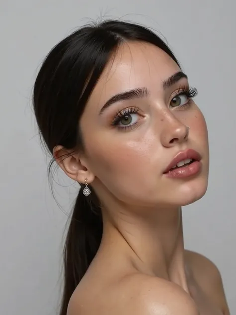 Very young sexy (brunette) girl 18-20 year old taking fashion photo and looking on camera, long eyelashes, luscious lips, oval face shape, perfect face, perfect hands with five finger, perfect nose, big breasts, firm breasts, taken in 2 0 2 4, Retrato So...