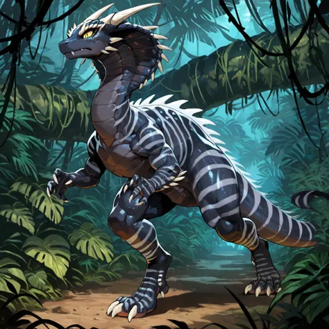 masterpiece, best quality, anime style, anime shading, full body picture, centered, female dinosaur, cobra, monstrous body shape, vertigo, yellow eyes, black scaled body, dark grey striped body, white claws, horns, fangs, ((neutral expression)), digitigra...