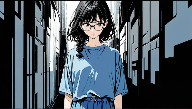 (())、((alone)),((White and black city、monochrome crowd background)),wind、((Contrast of Light and Shadow)),((Front View)),no expression,((black hair braid long hairstyle)),(((black rimmed glasses))),masterpiece, Highest quality, Beautiful attention to detai...