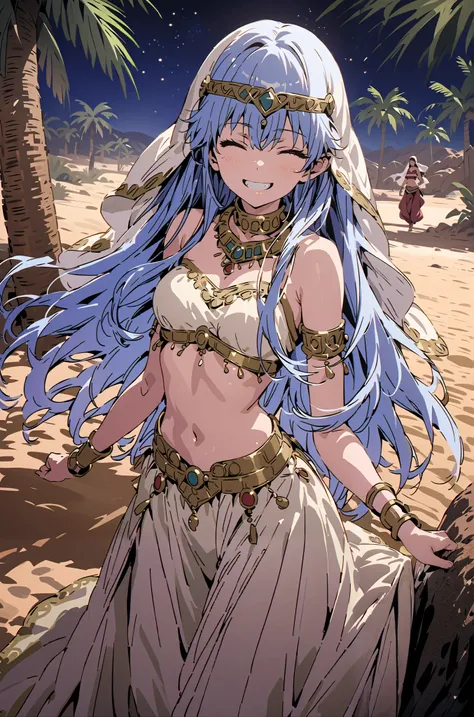 Prohibited bibliography, blue hair, long hair, Harem outfit, White Veil, Arabian clothing, collar , Mousebale, circlet , harem pants, thighs, gold trim, dancer ,,is standing,smile, grin ,close his eyes,night,Palm Trees,full bodyがillustrationに入るように,brea...