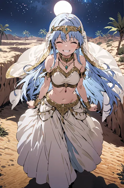 Prohibited bibliography, blue hair, long hair, Harem outfit, White Veil, Arabian clothing, collar , Mousebale, circlet , harem pants, thighs, gold trim, dancer ,,is standing,smile, grin ,close his eyes,night,Palm Trees,full bodyがillustrationに入るように,brea...