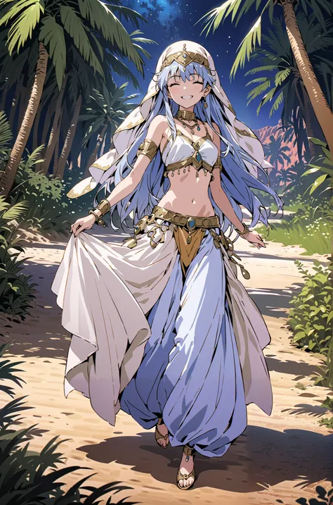 Prohibited bibliography, blue hair, long hair, Harem outfit, White Veil, Arabian clothing, collar , Mousebale, circlet , harem pants, thighs, gold trim, dancer ,,is standing,smile, grin ,close his eyes,night,Palm Trees,full bodyがillustrationに入るように,brea...