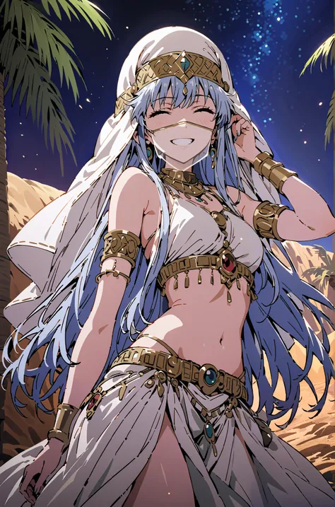 Prohibited bibliography, blue hair, long hair, Arabian clothing, dancer , mouth Veil, belly Dancing, Veil, Armlet,Bare legs,is standing,smile, grin ,close his eyes,night,Palm Trees,full bodyがillustrationに入るように,break outdoors, oasis, desert,
break looki...