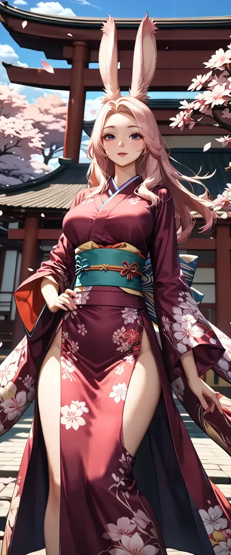 (Top Quality、masterpiece、winning work、16k, very detailed: 1.3), 、((A solo sexy Viera lady, Alluring、seductive、Dancing splendidly: 1.2))、((geisha、oiran、sexy Japanese traditional kimono dress、very details Cherry blossom flowers printed on kimono dress:1.5)),...