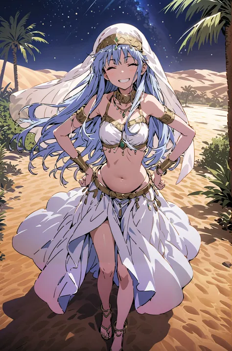 Prohibited bibliography, blue hair, long hair, Arabian clothing, dancer , mouth Veil, belly Dancing, Veil, Armlet,Bare legs,is standing,smile, grin ,close his eyes,night,Palm Trees,full bodyがillustrationに入るように,break outdoors, oasis, desert,
break looki...