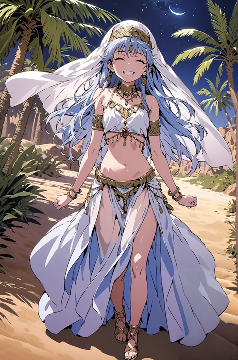 Prohibited bibliography, blue hair, long hair, Arabian clothing, dancer , mouth Veil, belly Dancing, Veil, Armlet,Bare legs,is standing,smile, grin ,close his eyes,night,Palm Trees,full bodyがillustrationに入るように,break outdoors, oasis, desert,
break looki...