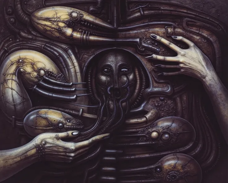 Please reproduce the original image as accurately as possible, capturing the intricate details of the biomechanical structures, the dramatic lighting, and the overall sense of unease. Find and enhance depiction of Giger's demons and creatures.(best quality...