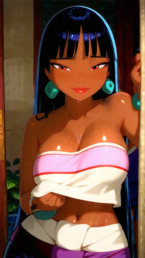 An Asian woman in the 2D anime style, inspired by the character Chel from The Road to El Dorado,  with smooth and shiny skin , posing in a sensual and confident way. She has short black hair with intense red reflections, molded in layers that highlight her...