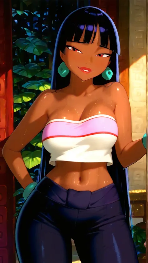 An Asian woman in the 2D anime style, inspired by the character Chel from The Road to El Dorado,  with smooth and shiny skin , posing in a sensual and confident way. She has short black hair with intense red reflections, molded in layers that highlight her...