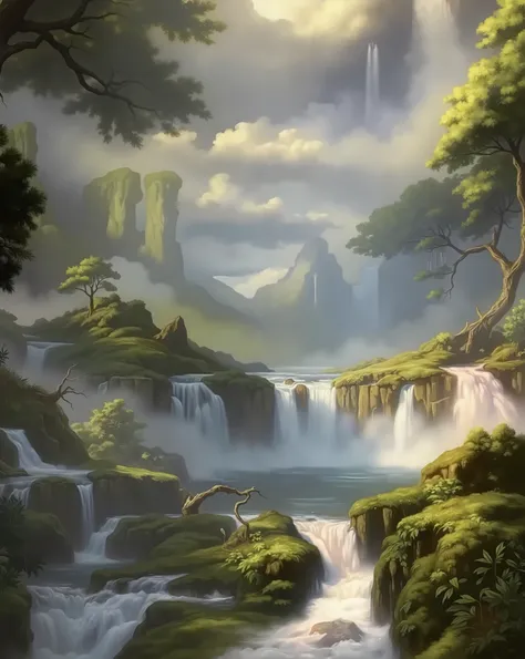 A breathtaking fantasy landscape in the style of classical oil painting, featuring a cascading series of waterfalls flowing through a lush, moss-covered valley. The scene is illuminated by ethereal golden sunlight filtering through misty air, casting a sof...