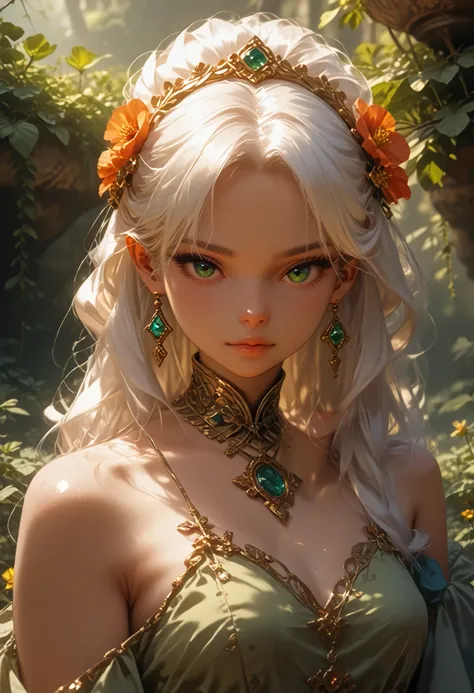 1 girl, One, white_ hair, tattoos, grotto ,  green,  flowers,  beautiful, idyllic, exalted,  absurdity , Hyperrealism, textured,  maximum _detail, DSLR camera check_9,check_8_up,check_7_up,Masterpiece,better quality,perfect anatomy,very aesthetic,official ...