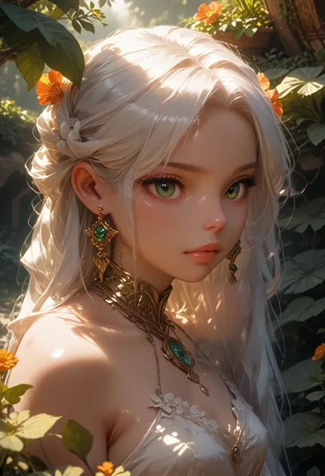 1 girl, One, white_ hair, tattoos, grotto ,  green,  flowers,  beautiful, idyllic, exalted,  absurdity , Hyperrealism, textured,  maximum _detail, DSLR camera check_9,check_8_up,check_7_up,Masterpiece,better quality,perfect anatomy,very aesthetic,official ...