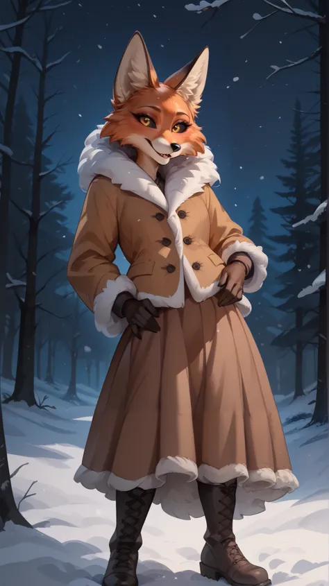 the forest, winter, Night, fox, black eye sclera, Yellow eyes, long brown fur coat, long brown skirt , boots, Lean forward from a standing position