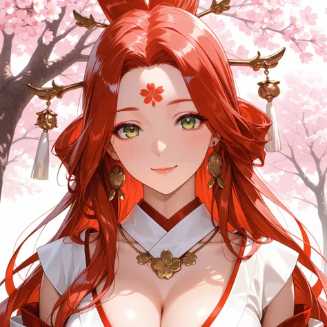 foreground, is a beautiful adult girl in a classic Japanese outfit, sakura goddess, red hair, A beautiful temple, In the background there is a huge sakura tree.