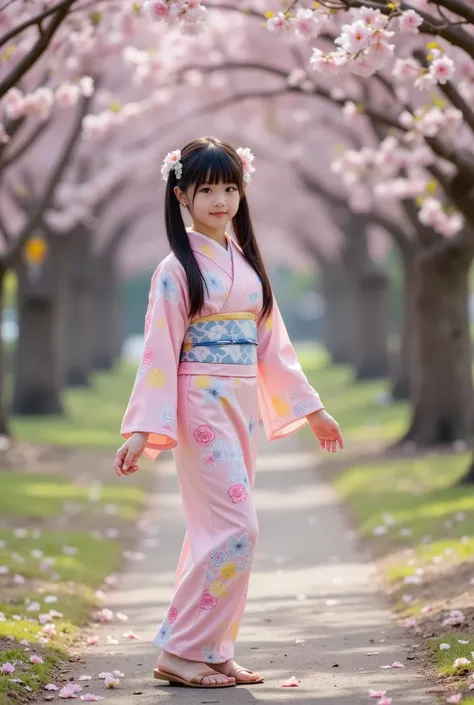 A young girl wearing a traditional Japanese kimono with delicate floral patterns stands gracefully in the middle of a park filled with blooming cherry blossom trees. The full-body view showcases her elegant kimono in soft pastel colors, adorned with an int...