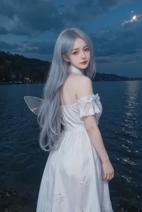 1人の女の子、A hyper-realistic full-body fantasy portrait of a beautiful fairy woman with long wavy silver-blue hair, standing at the edge of the sea during a calm night. She has glowing translucent wings, deep blue eyes, dewy pink cheeks, and wears a delicate w...