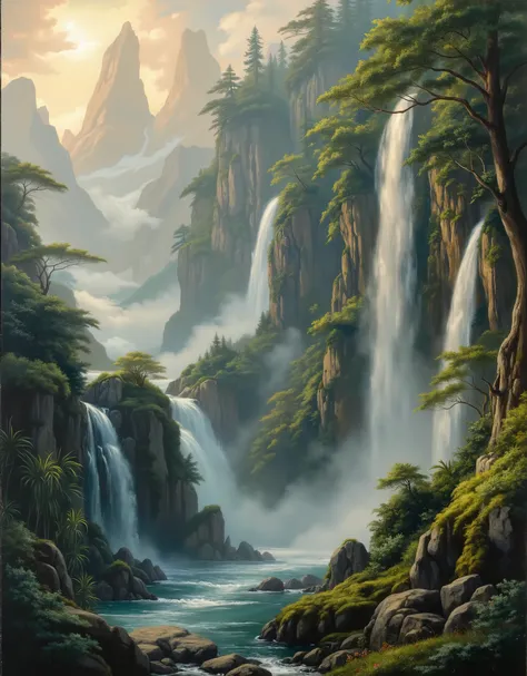 A breathtaking, classical oil painting depicting a mythical landscape of towering, mist-covered mountains adorned with cascading waterfalls. The scene is illuminated by the golden hues of a radiant sunrise, casting a warm, ethereal glow over the lush green...
