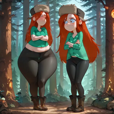   wendy, long hair, fur hat, 1girl, orange hair, solo, freckles, earrings, green shirt, tight pants, boots,, long hair, long prominent neck, gained put on weight, plump body, (bottom heavy), embarrassed emotions, (standing in a dark pine forest), plump arm...