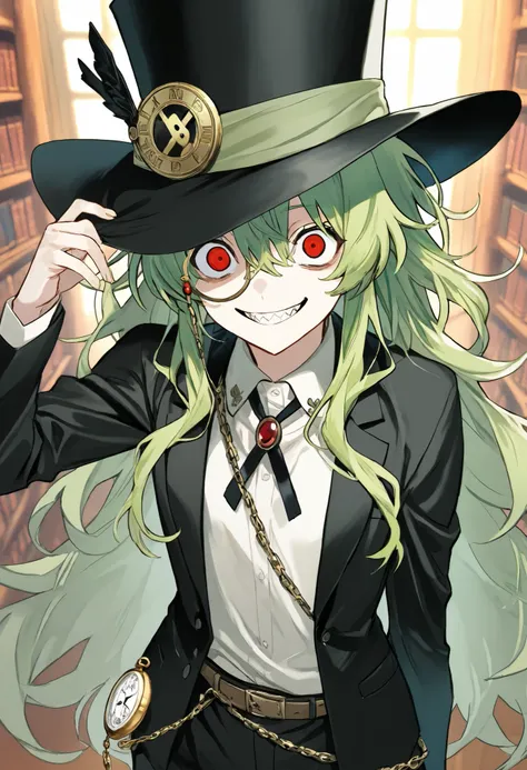 （（（masterpiece、Highest Image Quality、best quality、VERY DETAILED UNITY 8ｋwallpaper、high resolution illustration）））、（（Illustration of a person、crossdressing））、Cowboy Shots、black silk hatをかぶったスーツ姿の美少女、emerald green hair、messy hair、sidelocks、red eyes、crazy eye...