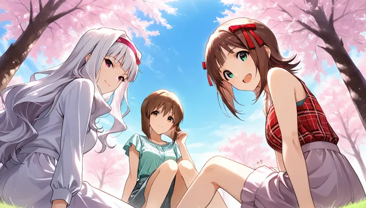 score_9 , score_8_up , score_7_up , source_anime ,(3 girls), Shijou Takane, white hair, long hair, purple eyes, Simple headband, BREAK, Hagiwara Yukiho, brown hair, short hair, brown eyes, BREAK, Amami Haruka, brown hair, short hair, Jade Eyes, BREAK, (Sit...