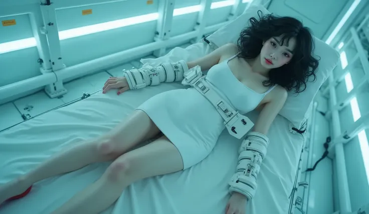long elevated shot of (1woman), (top view), (full body), an albino European Japanese mixed woman, (((albino))), (pale white skin), [[slightly chubby]], soft curves, [medium firm breast], ((thick thigh)), (black hair), wearing a white mini dress with a thig...