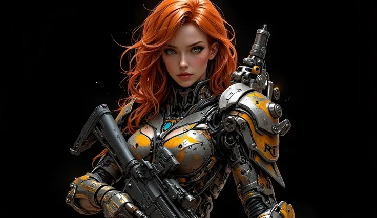 The image shows a striking female warrior standing confidently against a pitch-black background, perfect for wallpapers. ((artwork, highest quality, highest image quality, high resolution, photorealistic, CRU photo, 8k)), (best quality, 4k, high resolution...