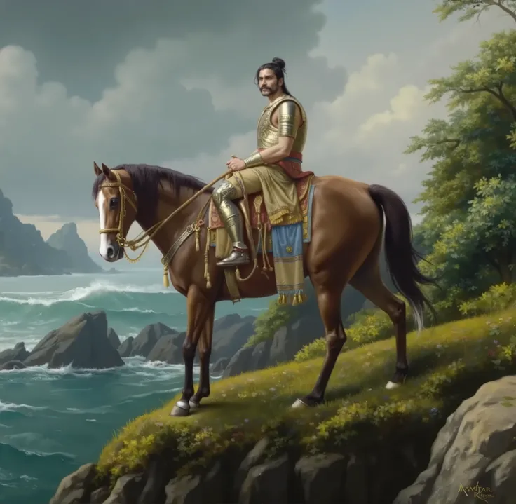 A majestic Hindu warrior sits atop a noble brown horse, gazing into the distance with a calm yet resolute expression. His long, dark hair is tied into a traditional warrior’s topknot, and his chiseled face is adorned with a well-groomed mustache. He wears ...