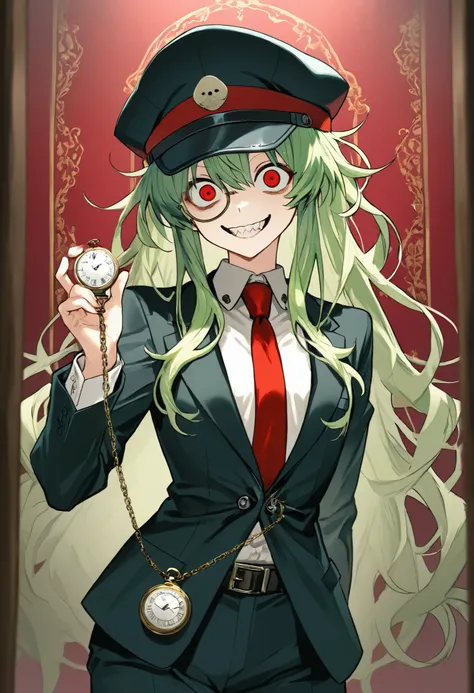（（（masterpiece、Highest Image Quality、best quality、VERY DETAILED UNITY 8ｋwallpaper、high resolution illustration）））、（（Illustration of a person、crossdressing））、Cowboy Shots、black silk hatをかぶったスーツ姿の美少女、emerald green hair、messy hair、sidelocks、red eyes、crazy eye...